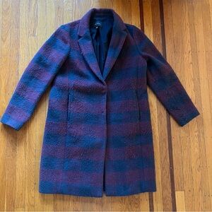 Ann Taylor wool blend coat jacket burgandy navy checkered L large good preowned